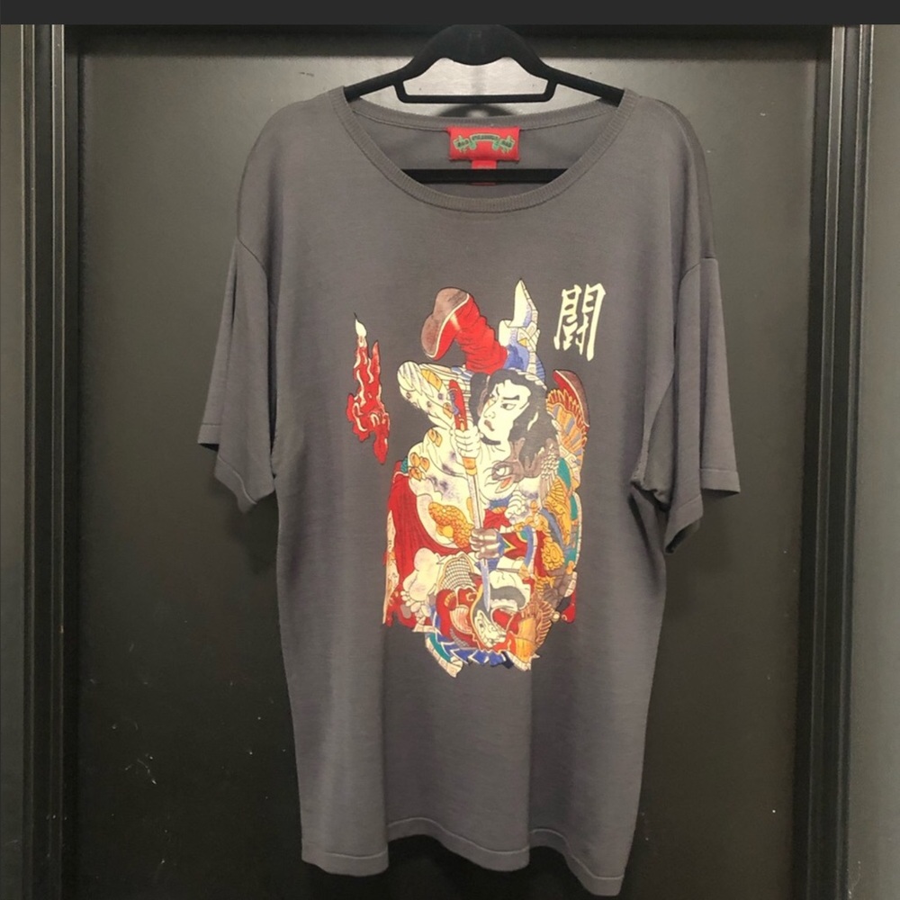 [Amal Guessous] Grey Silk Rare Asian Theme Print Sweater Top.
